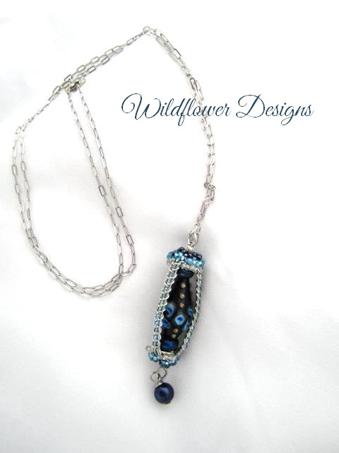 necklace lampwork lantern blue 
